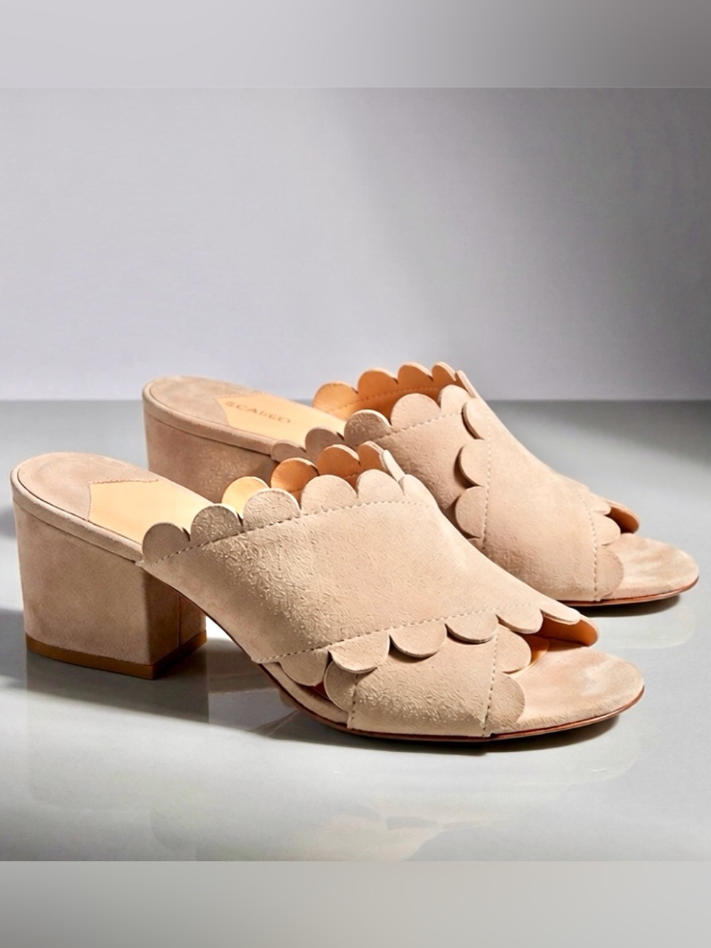 Isa Tapia Scalloped Suede Block Heel Slides, Blush-Beige, 37, EUC